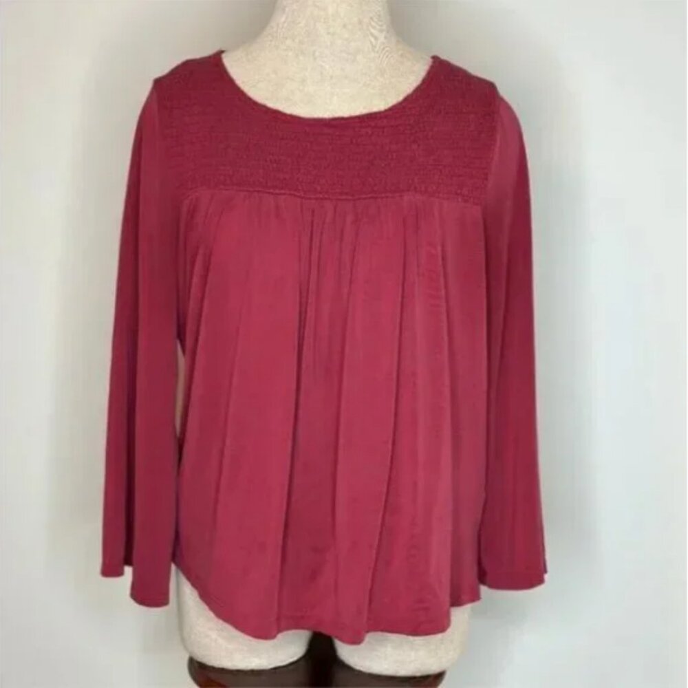 Lucky Brand Boho Smocked Long Sleeve Top Maroon Burgundy Wine Size Medium